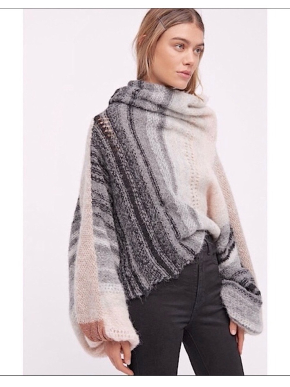 Free People Ombre Striped Cowl Sweater in Gray and Cream with Blush Accent